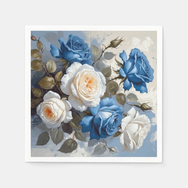 Blått och vit ros blommigt pappersservett (Framsidan)