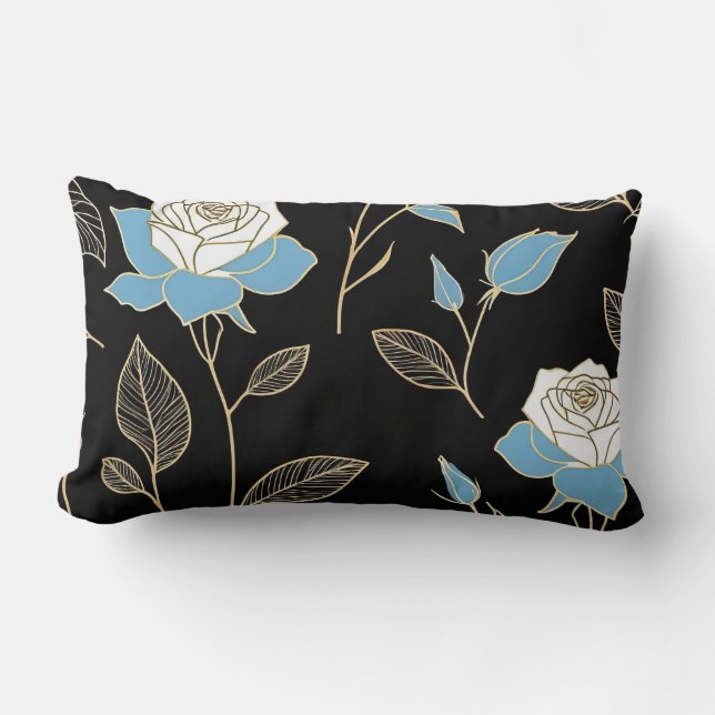 Blått och Vit ros med Guld-trim Lumbarkudde (Framsida)