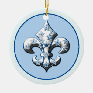 Blått och vit Snowflake Fleur de Lis Smycka Julgransprydnad Keramik