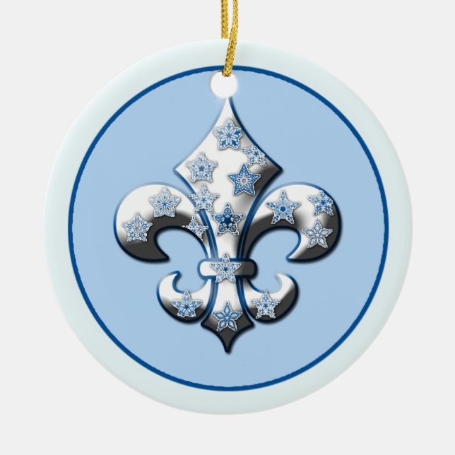 Blått och vit Snowflake Fleur de Lis Smycka Julgransprydnad Keramik (Framsidan)