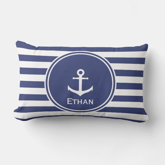 Blått och vit som göras randig med, ankrar och lumbarkudde (Framsida)