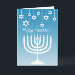 Blått- och vitmenoralycklig Hanukkah Kort<br><div class="desc">Blått- och vitstjärnor av kortet för David och lyckligHanukkah menorapersonlig.</div>