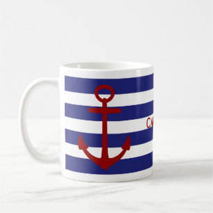 Blått- och vitrandar med rött ankrar kaffemugg