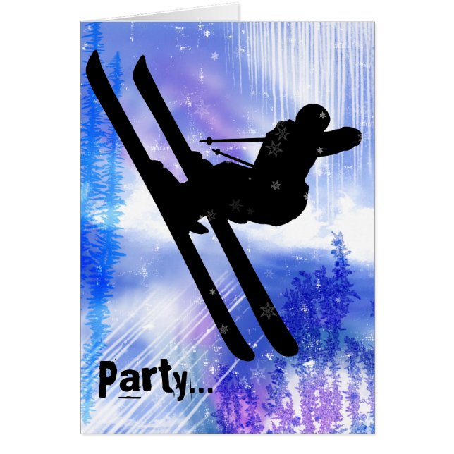 Blått- och vitstänk med skidar hopp hälsningskort (Framsidan)