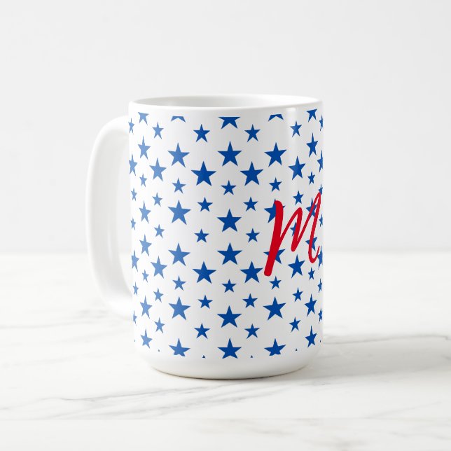 Blått Och Vitt Anpassningsbart Stjärnmönster Kaffemugg (Framsida vänster)