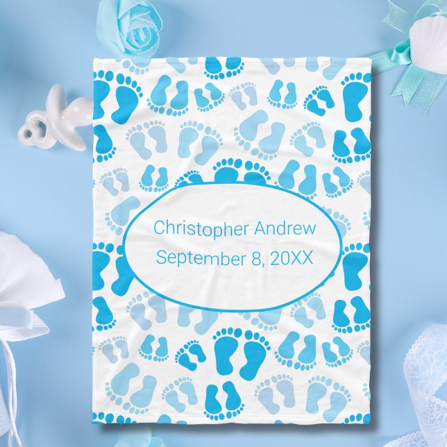 Blått och vitt Baby fött Babyblanket Fleecefilt (Blue Baby Feet Birth Stats Personalized Baby Blanket for Baby Boy. Baby Shower Gift, Gift new baby)