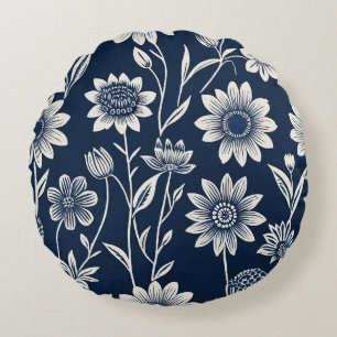 blått och vitt - Blockutskrift stil boho-blommigt Rund Kudde