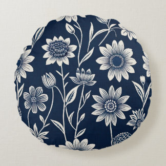 blått och vitt - Blockutskrift stil boho-blommigt Rund Kudde