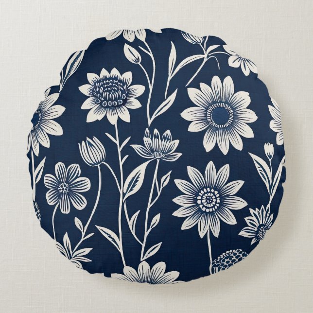 blått och vitt - Blockutskrift stil boho-blommigt Rund Kudde (Framsidan)