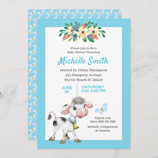 Blått och vitt Blommigt för spädbarn i rött ljus Inbjudningar (Fram/baksida)