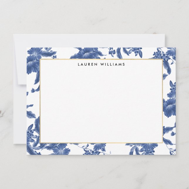 Blått och vitt Blommigt - platt anteckningskort fö (Framsida)