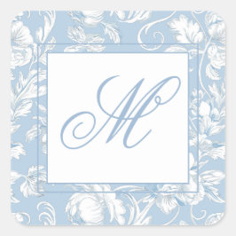 Blått och vitt chinoiserie monogram fyrkantigt klistermärke