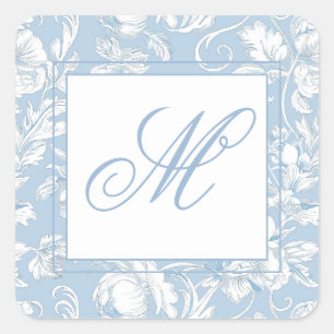 Blått och vitt chinoiserie monogram fyrkantigt klistermärke