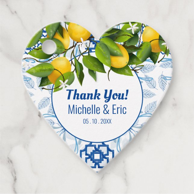 Blått och vitt citron i Medelhavet Bröllop Gåvor Etiketter (Framsida)