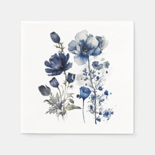 Blått och vitt Delft stil-konst med vilda blommor Pappersservett