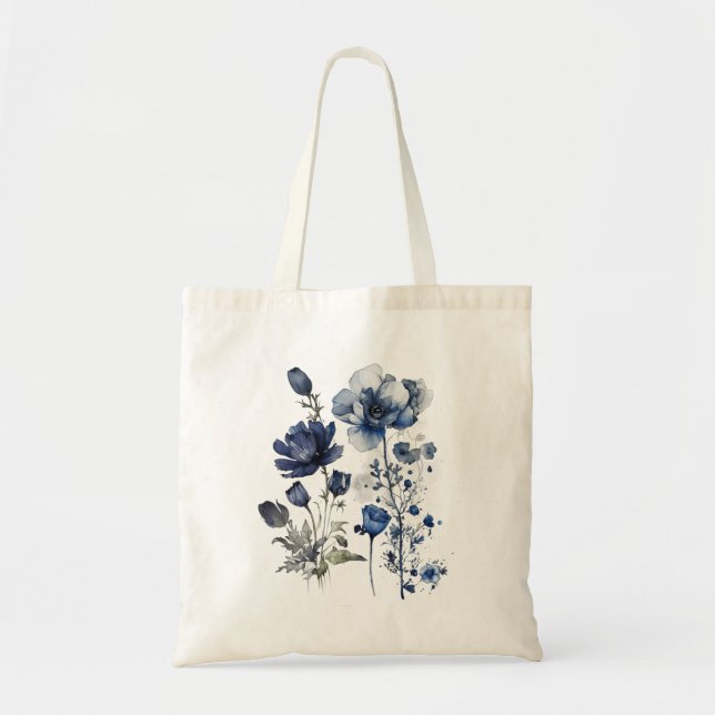 Blått och vitt Delft stil-konst med vilda blommor Tygkasse (Framsidan)