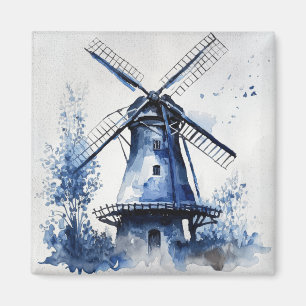 Blått och vitt Delft stil med kvarn Magnet