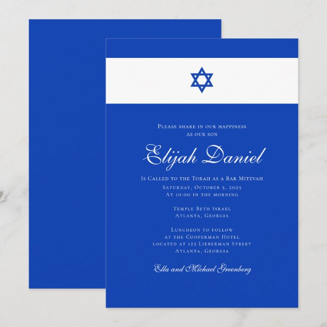 Blått och vitt | Färg i Israel Pub Mitzvah Inbjudningar (Fram/baksida)