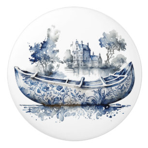 Blått och vitt fartyg från Delft stil med byscen Knopp