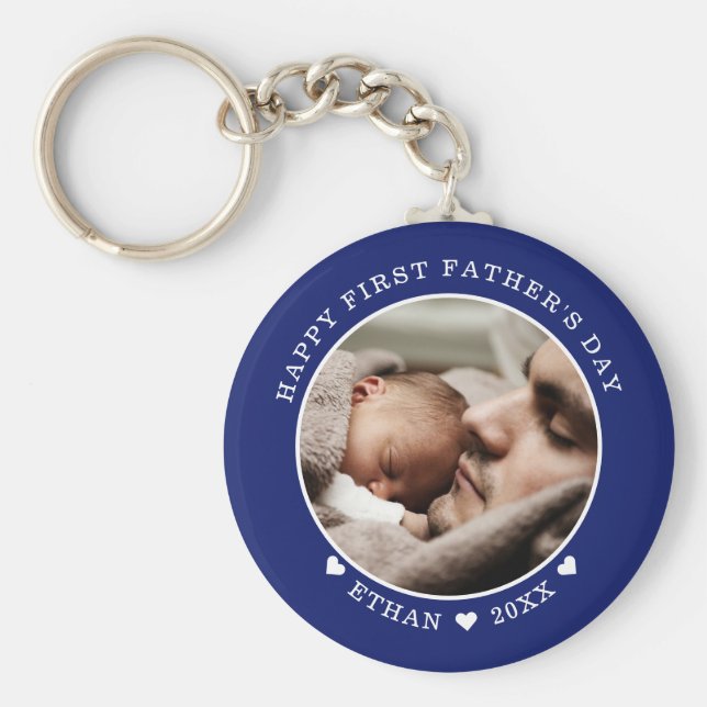 Blått och vitt foto Lycklig första Fars dag Nyckelring (Framsidan)