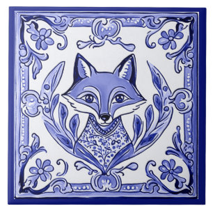Blått och vitt fox Asian Stil Folk Animal Art Kakelplatta