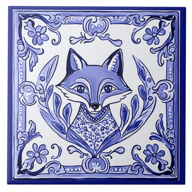 Blått och vitt fox Asian Stil Folk Animal Art Kakelplatta (Framsidan)