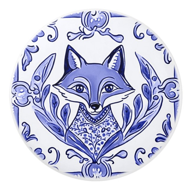 Blått och vitt fox Asian Stil Folk Animal Art Knopp (Framsidan)