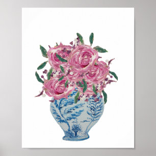 Blått och vitt Ginger Burk Rosa ros-utskrift Poster