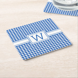 Blått och vitt Gingham Play Monogram Underlägg Papper Kvadrat