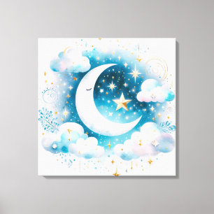 Blått och vitt halvmåne Måne Celestial Boho Modern Canvastryck