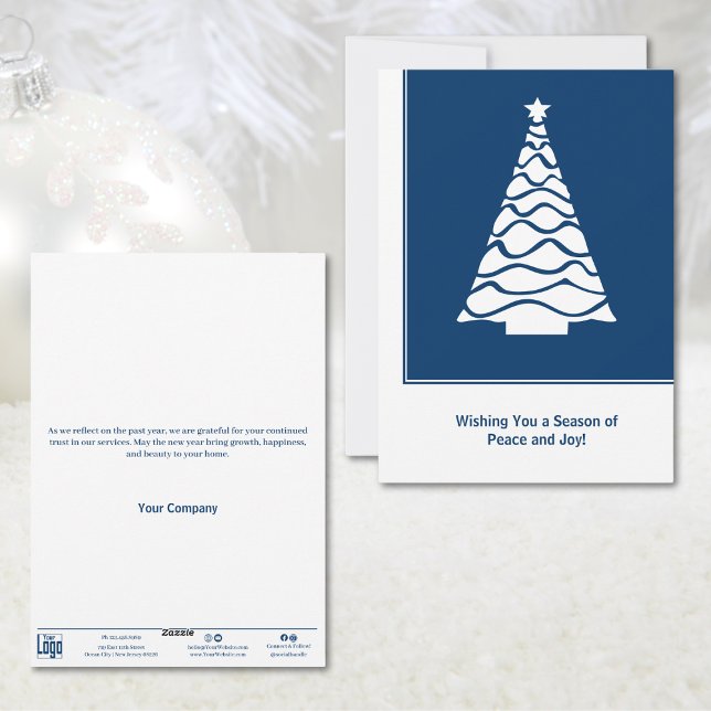 Blått och vitt Helgdag-kort för Julgran Julkort (Blue & White Christmas Tree Business Holiday Card)