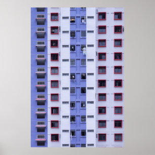 Blått och vitt högstiga upp byggnad poster