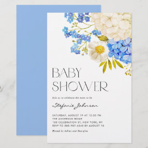 Blått och vitt Hydrangeas Babykläder Inbjudan