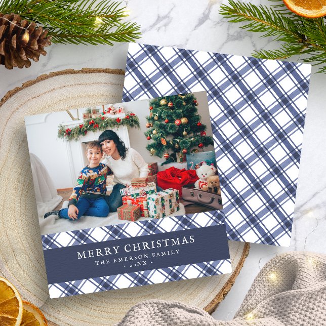Blått och vitt instickskort julkort (Blue and White Plaid Holiday Card
)