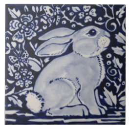 Blått och vitt kanin-Blommigt Designer 6-tums plat Kakelplatta