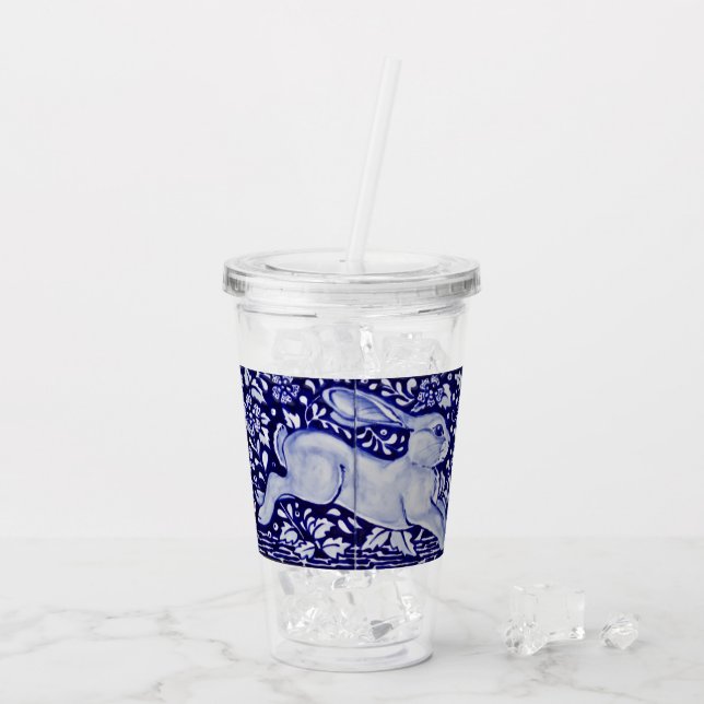 Blått och vitt kanin Tile Wraparound Art Take Away Mugg (Baksida Ice)
