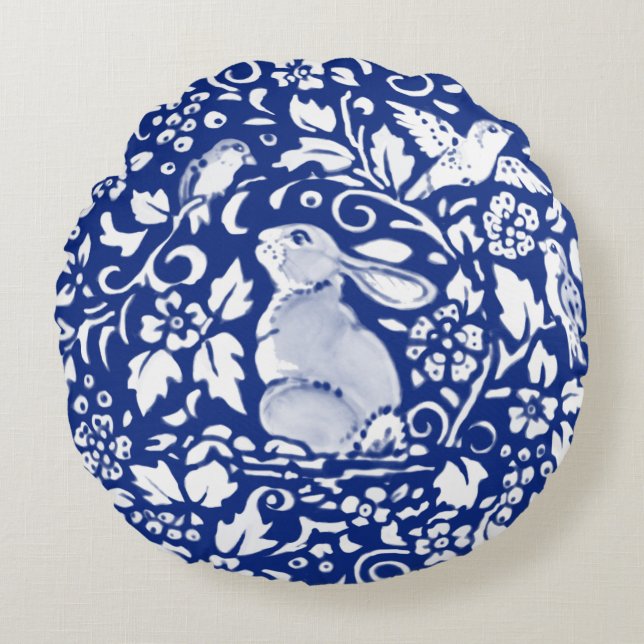 Blått och vitt kaninpräglat Se runt fyllning Rund Kudde (Framsidan)