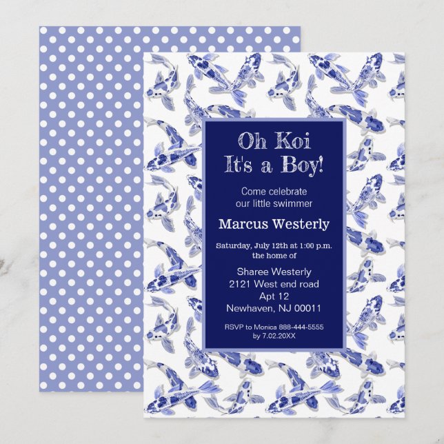 Blått och vitt Koi-babydusch Meddelande (Fram/baksida)