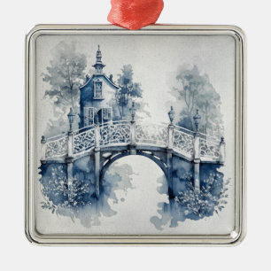 Blått och vitt liggande Delft stil Julgransprydnad Metall