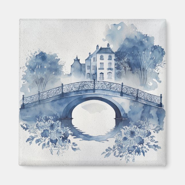 Blått och vitt liggande Delft stil Magnet (Framsidan)