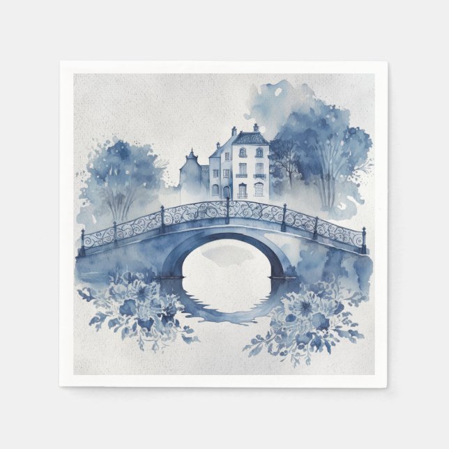 Blått och vitt liggande Delft stil Pappersservett (Framsidan)