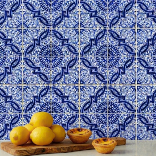 Blått och Vitt Medelhavs Azulejo-mönster Kakelplatta (A vintage azulejo blue + white tile pattern to add brightness, personality + elegance to your space.)