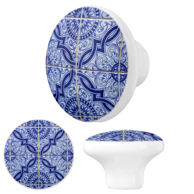 Blått och vitt Medelhavsbrilt Mönster Elegant Knopp (Elegant blue + white vintage azulejo tile pattern ceramic knobs to enhance your space!)