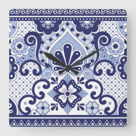 Blått och vitt mexikanskt talavera Folk Art Tile Fyrkantig Klocka