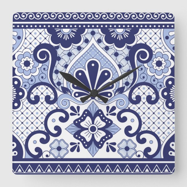 Blått och vitt mexikanskt talavera Folk Art Tile Fyrkantig Klocka (Framsida)