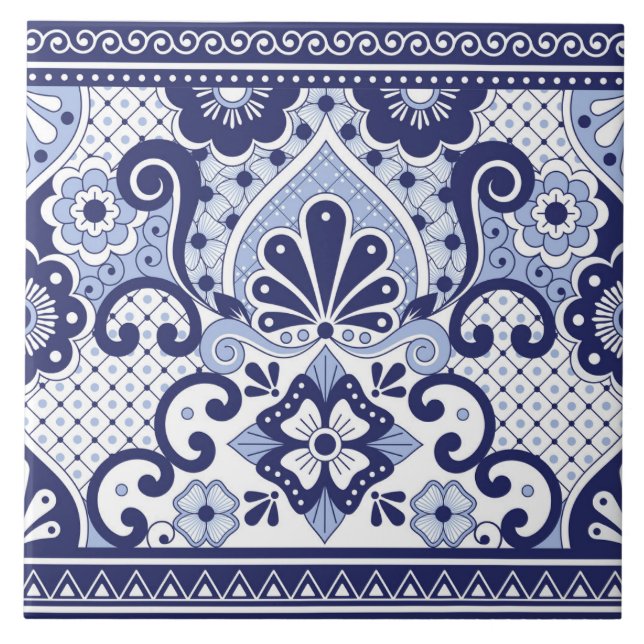 Blått och vitt mexikanskt talavera Folk Art Tile Kakelplatta (Framsidan)