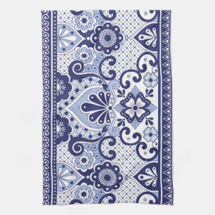 Blått och vitt mexikanskt talavera Folk Art Tile Kökshandduk