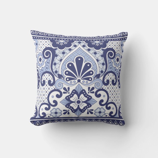 Blått och vitt mexikanskt talavera Folk Art Tile Kudde (Framsida)
