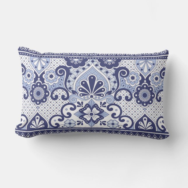 Blått och vitt mexikanskt talavera Folk Art Tile Lumbarkudde (Framsida)