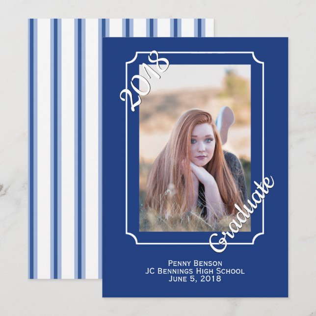 Blått och vitt Modern Photo Studenten Annoucement Inbjudningar (Fram/baksida)